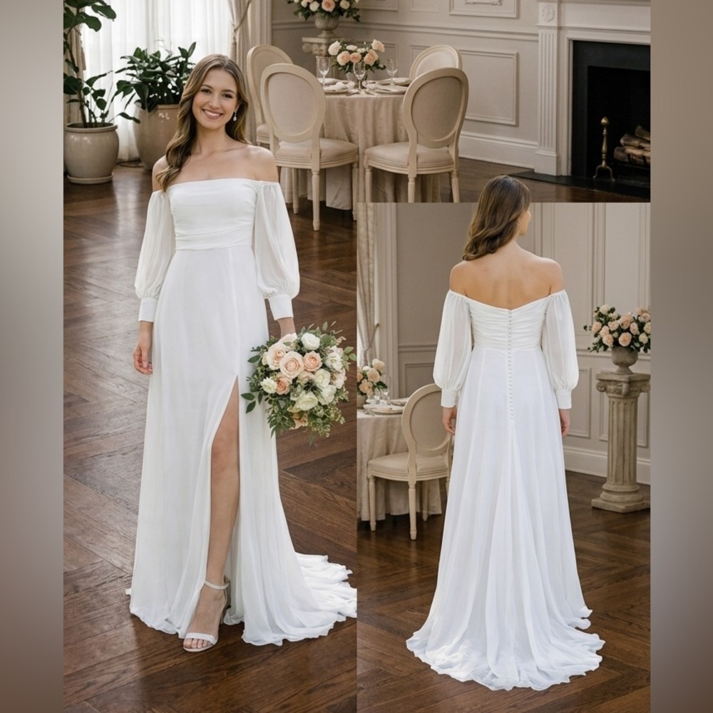 Lulus Adorna Dress White Chiffon Maxi Wedding Off the Shoulder Small